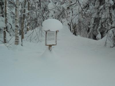 Skylten efter vildmarksleden, vid Getbergs fäbodar. Nog är det mycket snö.
