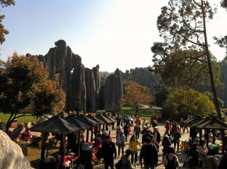 De kinesiska turisterna höll sig helst på de arrangerade ytorna och undvek de trånga stigarna bland Stenskogens formationer.