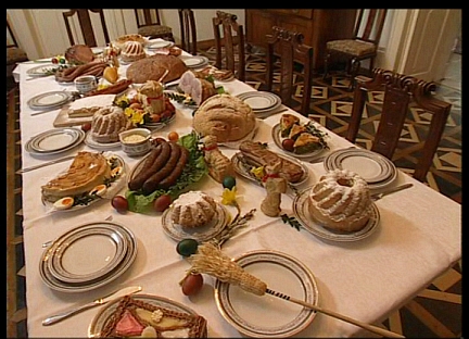 Sunday breakfast in Poland: is made up of baked ham, sausage, roast veal, roast pork, roast turkey or goose, as well as stuffed cabbage. There was also Easter soup, hard-cooked eggs, sauces, and relishes. Everpresent was the traditional Easter relish of beets and horseradish, (cwikla).