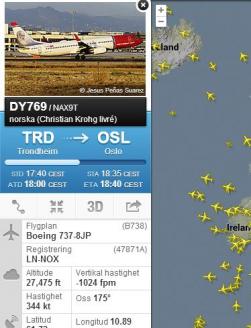 ...ser man att nax9t är på väg från Trondheim till Oslo och flyger på 27,475 fots höjd som visas i meter om man pekar på höjden o.s.v.